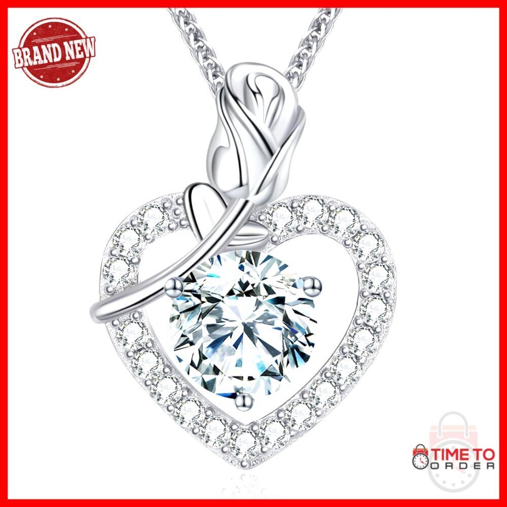 3 Carat Moissanite Rose Heart Pendant Necklace Sterling Silver 18K Gold Plated